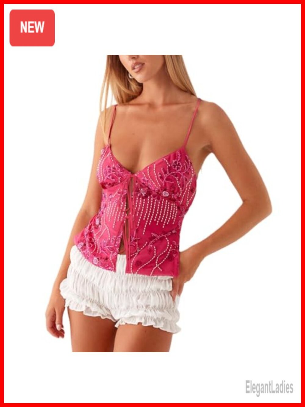 Sequin Lace Up Crop Top Tie Front Backless Deep V-Neck Spaghetti Strap